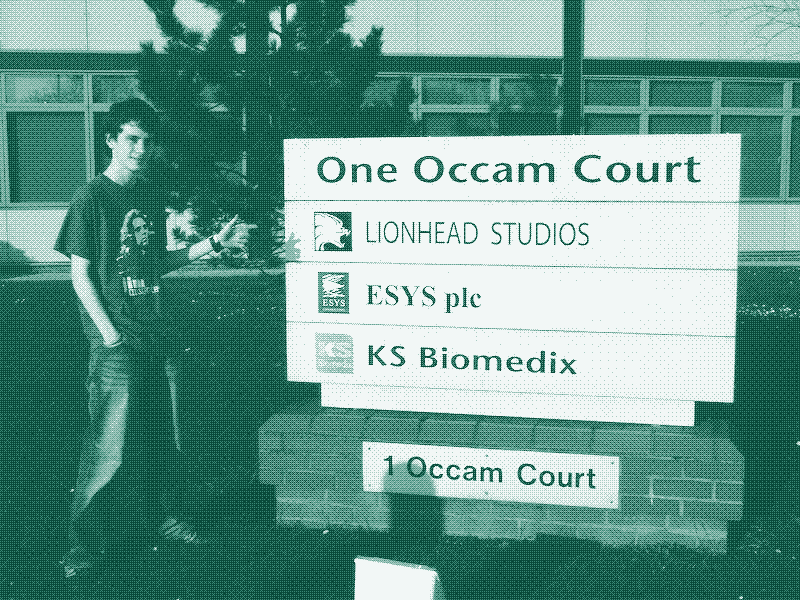 The author, aged 16, outside Lionhead Studios, Guildford.